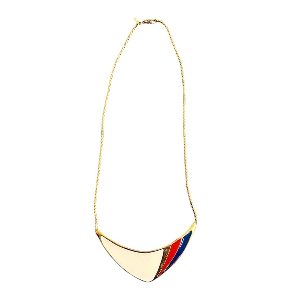 Vintage MONET Enamel Necklace Cream Red Navy Gold Tone 80’s